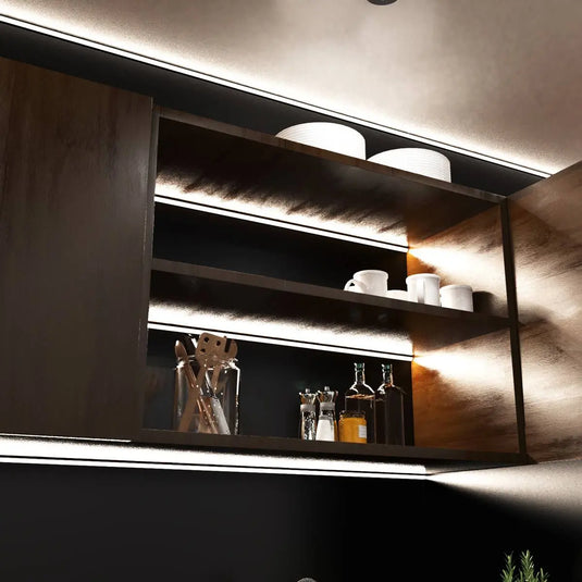 Corner 48 Degree Black Aluminium Profile under cabinet cupboard kitchen setting