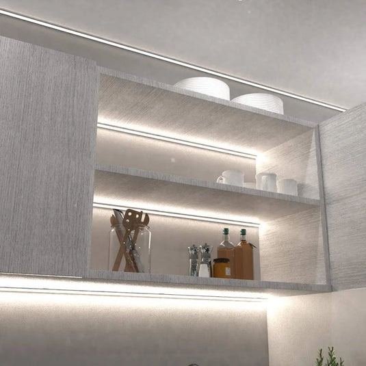 White Corner, Aluminium Profile With Frosted Cover inside the cupboard, kitchen setting