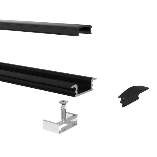 Deconstructed Black Aluminium Profile, Recessed With Cover and End Caps