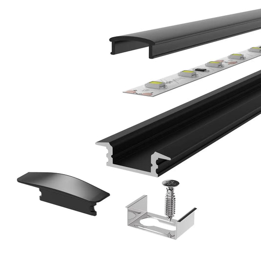 Another shot of the deconstructed Black Aluminium Profile, Recessed With Cover and End Caps