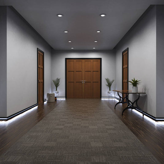 Entryway with black skirting profile lit in cool white