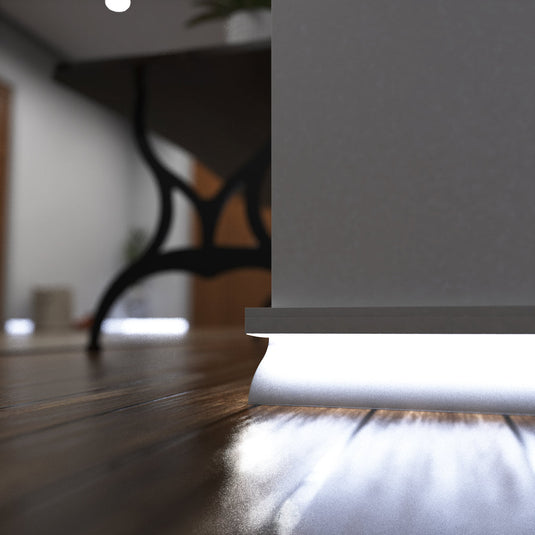Close up of white skirting profile lit in cool white