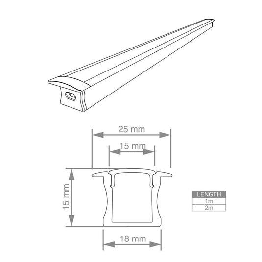 Recessed LED Mounting Profile, 15mm Deep diagram with dimensions