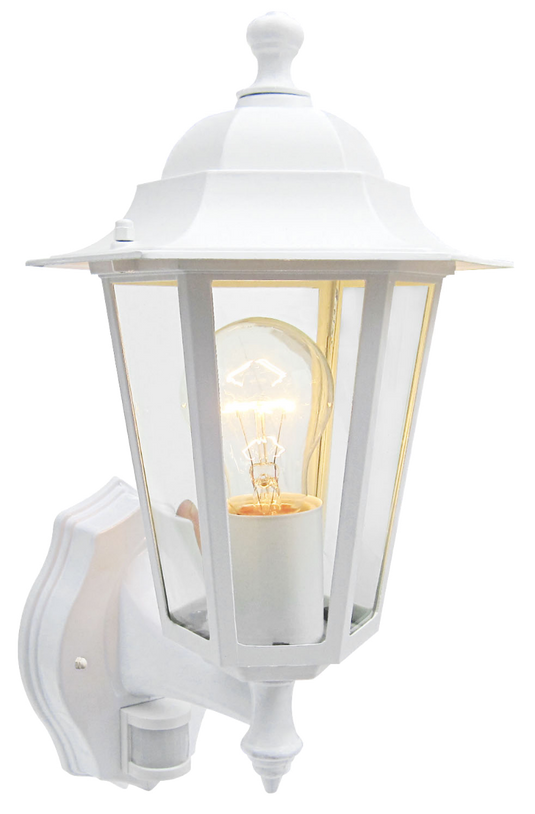 White six sided wall lantern with a PIR sensor and clear glass panels