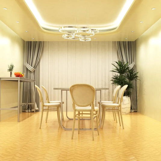 Fixed Fire Rated LED Downlight - Satin Nickel Brushed Bezel dining room setting in warm white light