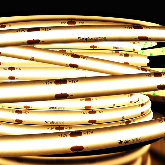 Warm white 12V COB LED strip switched on