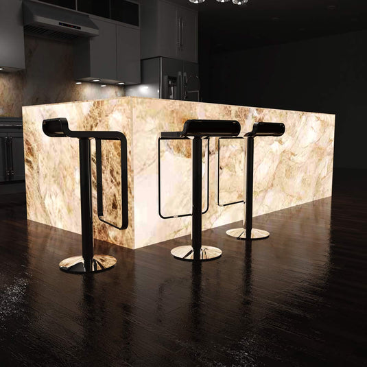 Side view of a kitchen island lit in natural white
