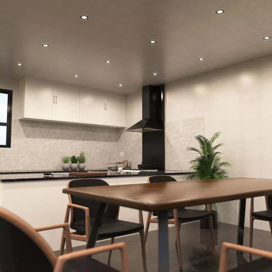 dining room setting with Matt Black Fire Rated GU10 Downlights