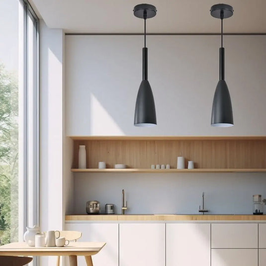 Black, E27 Pendant Light, Cone Shaped Hanging Light in a kitchen setting