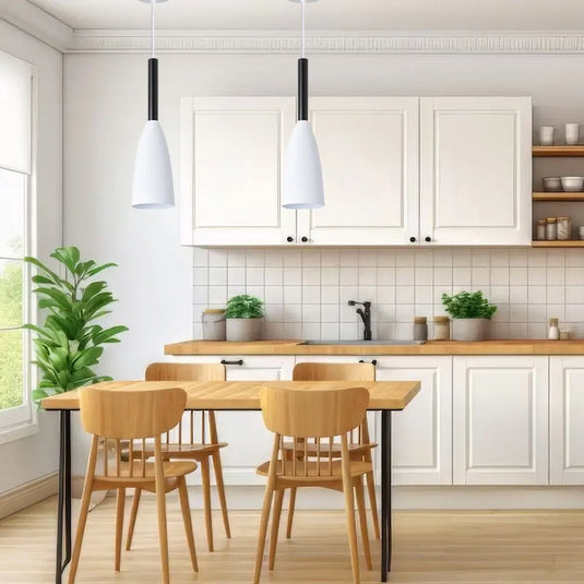 White, E27 Pendant Light, Cone Shaped, 1m Cable Mounted On Top Of A Kitchen Setting