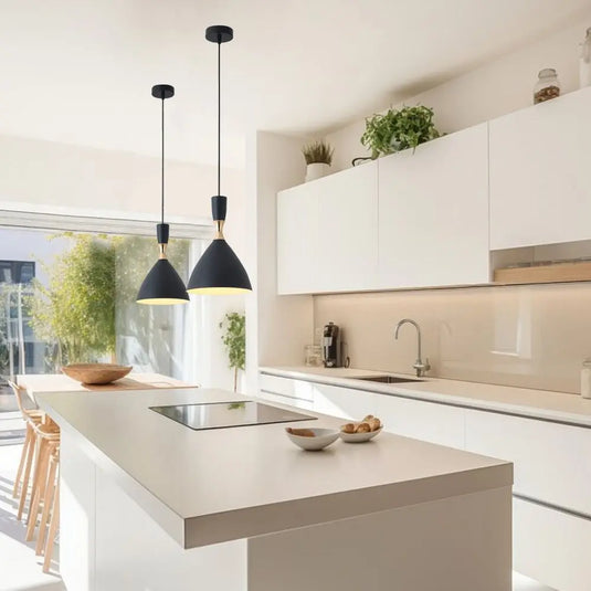 Black Hanging Pendant Light, E27 With Gold Inner Mounted On Top Of A Kitchen Counter Setting