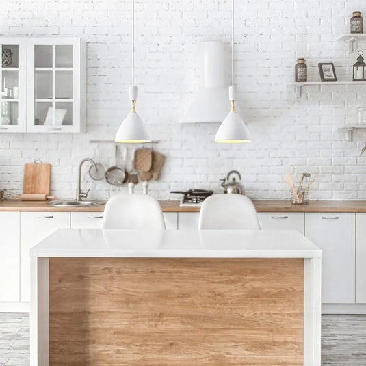 White, E27 Hanging Pendant Light - With Gold Inner Mounted On Top Of A Kitchen Counter Setting