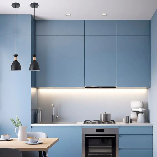 Black Cone LED Pendant Light with Wood Accent on top of dining table setting