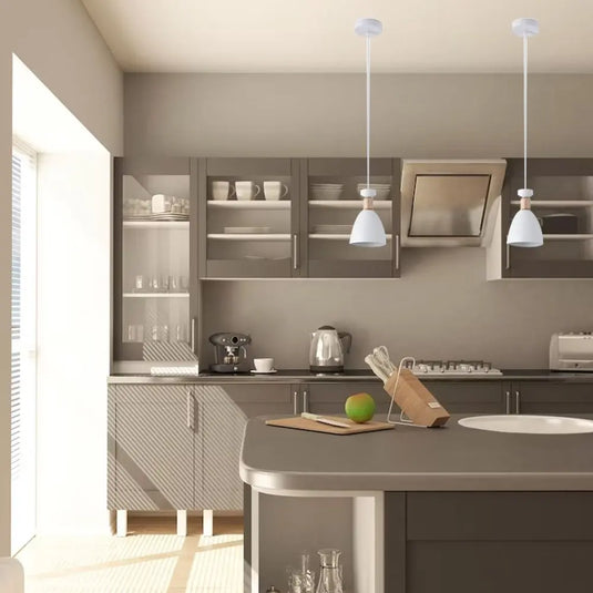 White, Pendant Light With Wood Accent, E27 Mounted On Top Of A Kitchen Counter Setting
