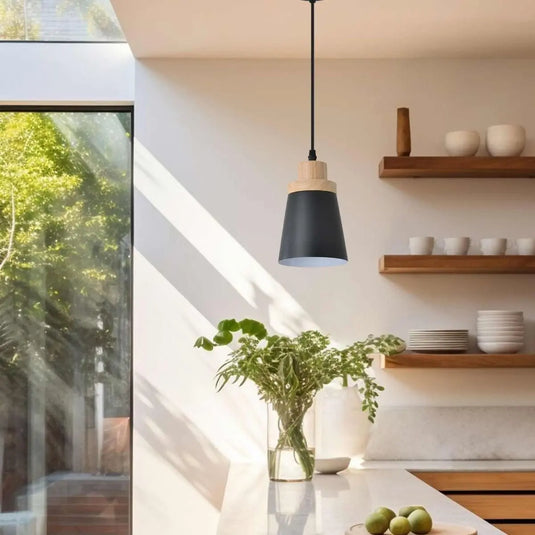Black Cylindrical Pendant Light with Wooden Crown