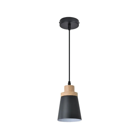 Black Cylindrical Pendant Light with Wooden Crown