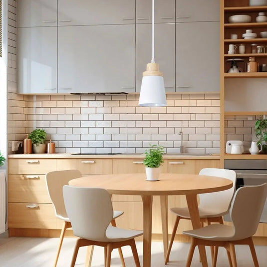 White E27 Pendant Light with Wooden Crown Mounted On Top Of A Dining Table Setting