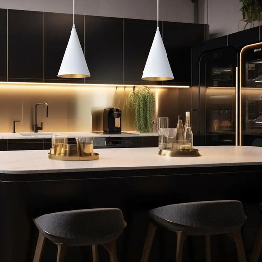 White Cone Pendant Light with Gold Lining Mounted On Top Of A Kitchen Counter Setting