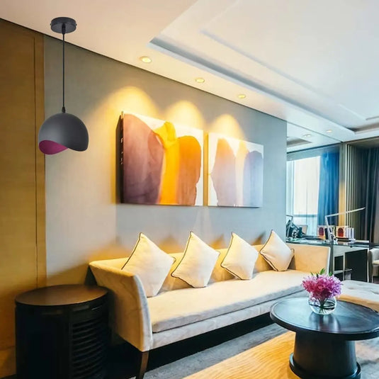 Black Half Sphere LED Pendant Light With a Purple Lining in living room setting