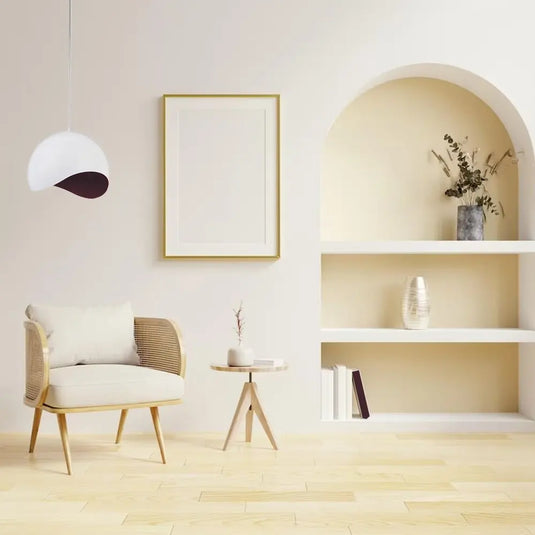 White Half Sphere Pendant Light With Black Lining in a living room setting