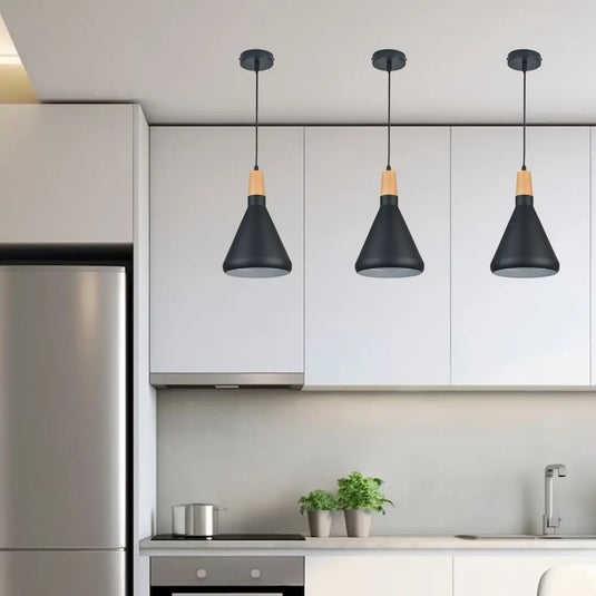 Black Cone Pendant Light with Round Edges and Wood Accent in a kitchen setting