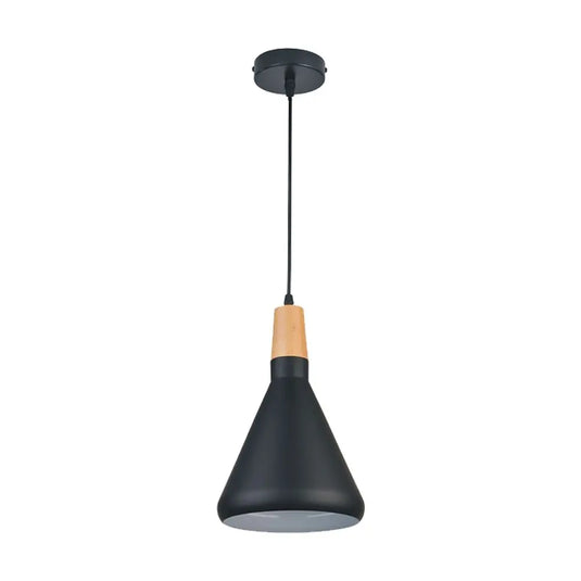 Black Cone Pendant Light with Round Edges and Wood Accent