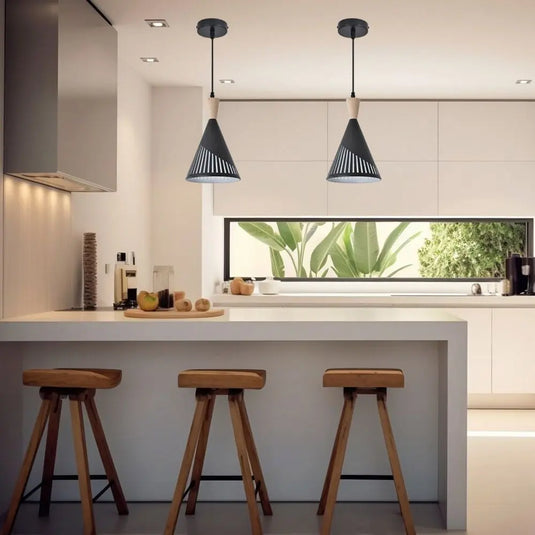Cone-Shaped Ceiling Pendant Light In a Black/Wooden Finish in a kitchen counter top setting
