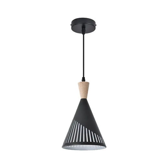 Cone-Shaped Ceiling Pendant Light In a Black/Wooden Finish