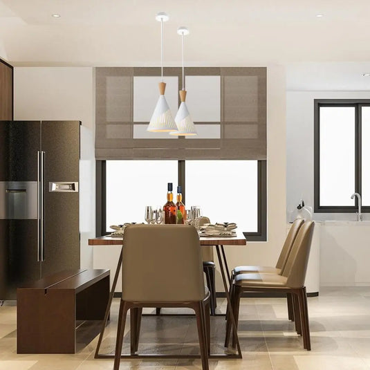 Cone-Shaped Ceiling Pendant Light In a White/Wooden Finish Mounted On Top Of A Dining Table Setting