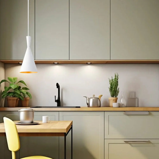White, Conical Ceiling Pendant, E27 in a kitchen setting