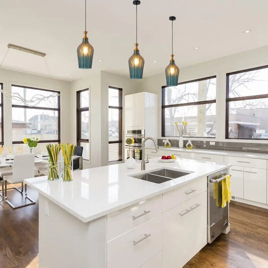 Glass Hanging E27 Pendant Light in a kitchen counter top mounted setting