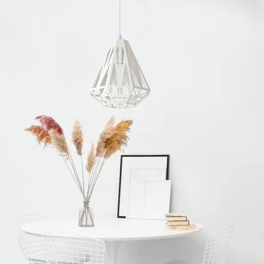 White E27 Pendant Light, Cage Style Design Mounted On Top Of A Living Room Setting