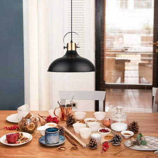 Black E27 Pendant Light In A Industrial Style Mounted On Top Of A Dining Table Setting