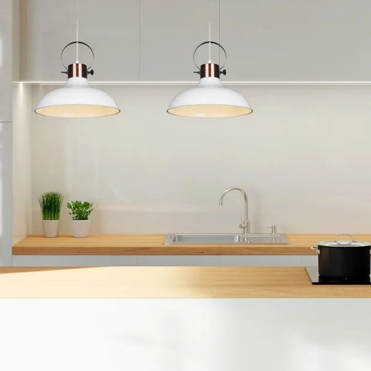 White, E27 Pendant Light - Industrial Style Mounted On Top Of A Kitchen Counter Setting