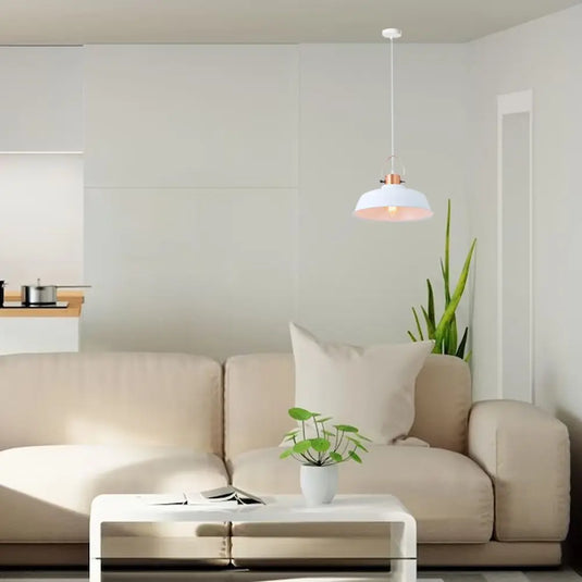 White, E27 Pendant Light - Industrial Design Mounted On Top Of A Living Room Setting