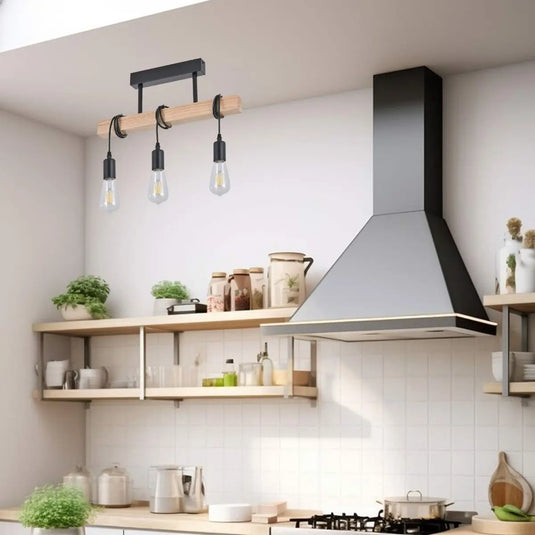 Wooden Pendant Light, 3 x E27 - Industrial Style Design Mounted On Top Of A Kitchen Setting