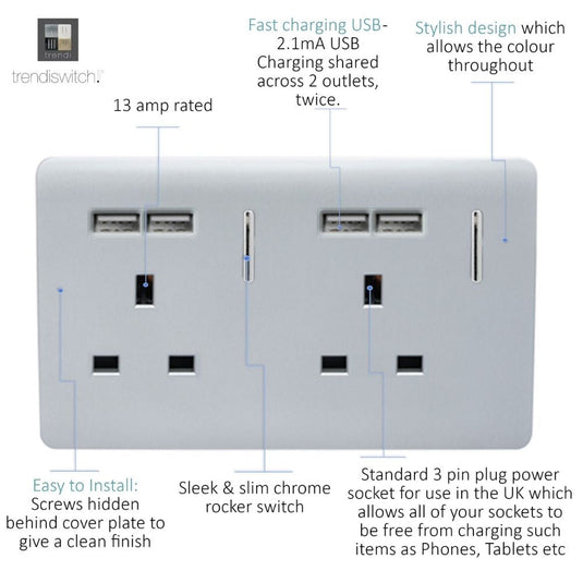 Silver USB double socket with feature details