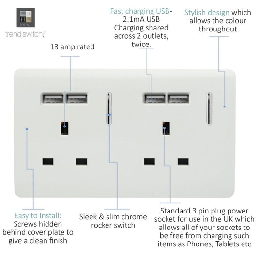 White USB double socket with feature notes