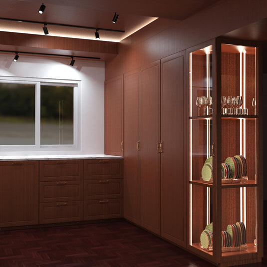 Kitchen cabinets and shelves lit with LED tape