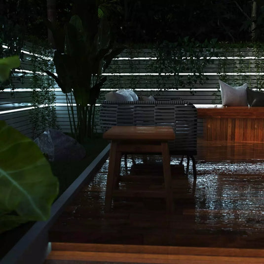 side shot of the patio with cool white LED tape