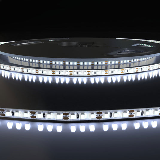 Close up of lit cool white LED tape