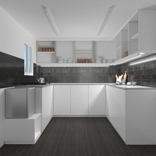 Kitchen lit by natural white T5 lights