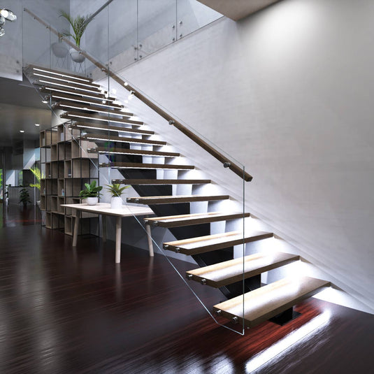 Stairs lit in cool white by 500mm LED bars