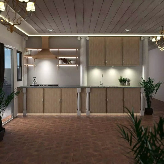 Kitchen with surface mounted under cabinet light in warm white light