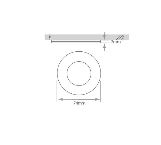 Cabinet light drawing showing 74mm width and 7mm depth