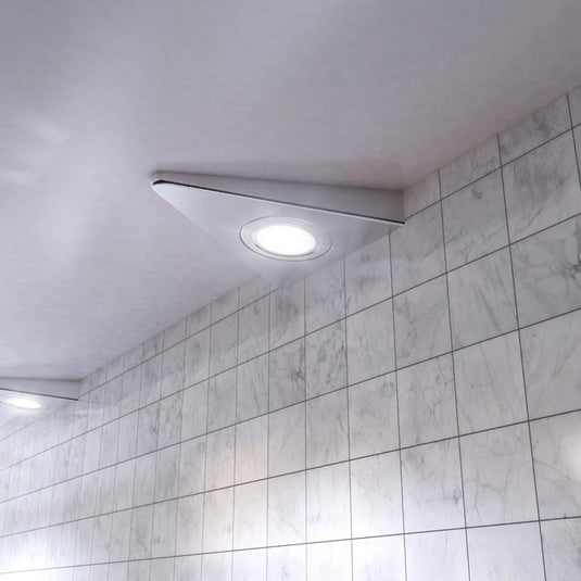 Close view of cool white triangle cabinet lights in a kitchen