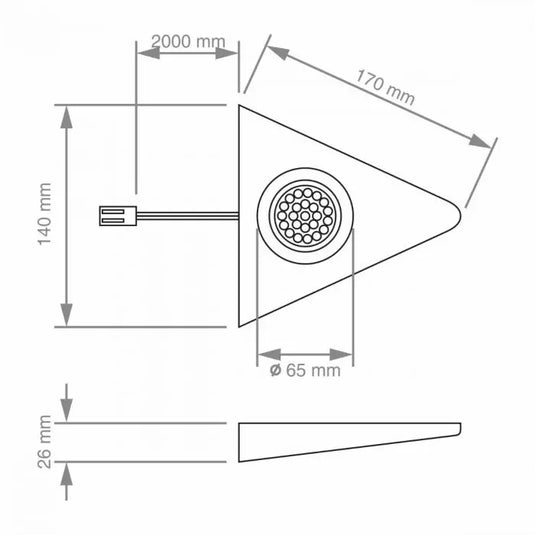 Diagram of a triangle under cabinet light with dimensions