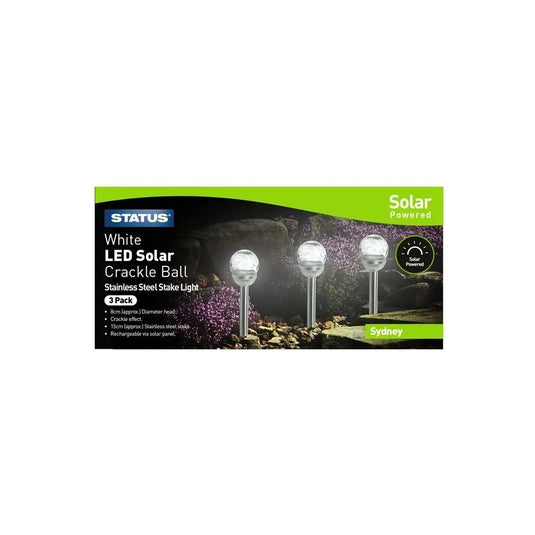 Pack of 3 Sydney White LED Solar Crackle Ball Stake Lights in a box