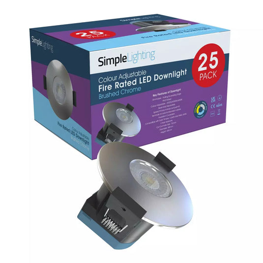 Pack of 25 LED Fire Rated Downlight, Brushed Chrome Bezel