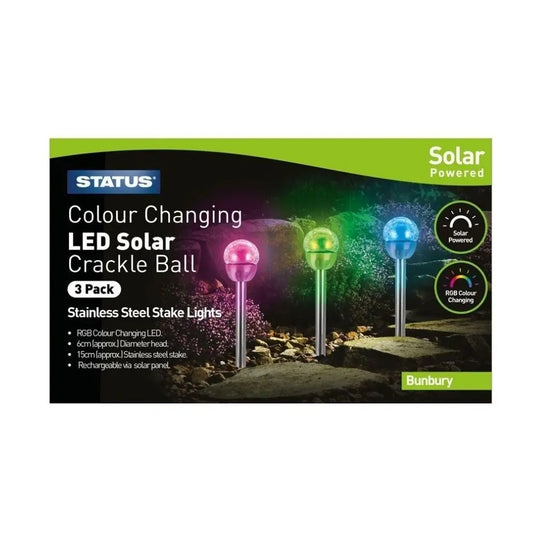 Pack of 3 Bunbury Colour Changing LED Solar Stake Lights in a box